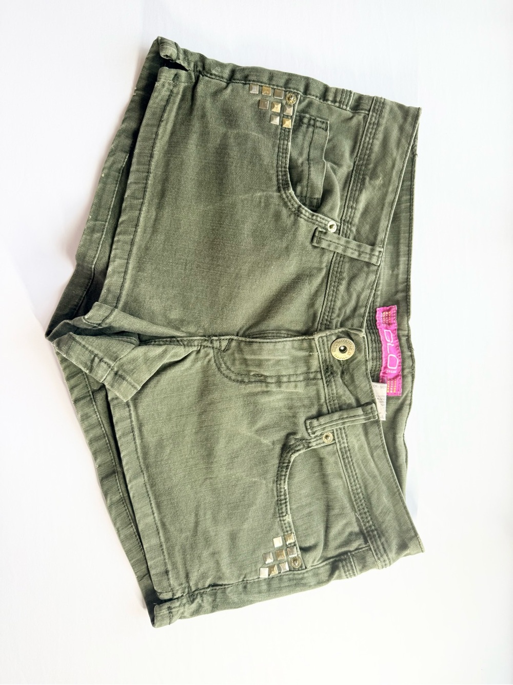 Olive Green Studded Denim Shorts